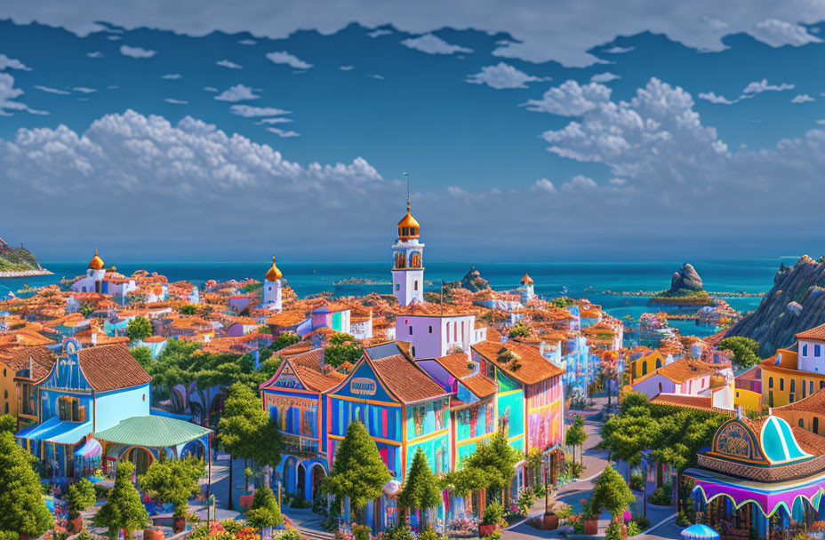 Vibrant coastal town with colorful buildings and bell tower by the sea