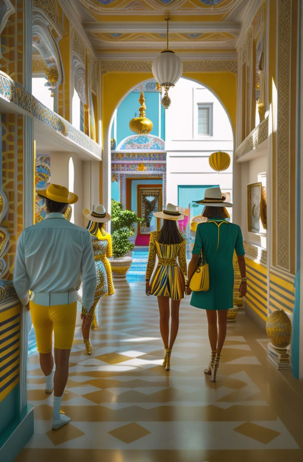 Three people in stylish summer outfits walking in vibrant ornate corridor