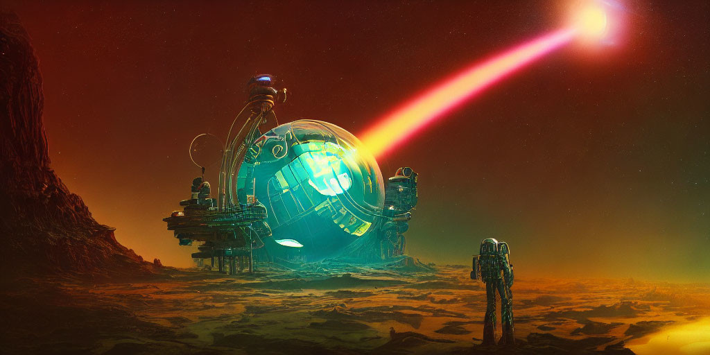 Futuristic spherical structure emitting pink beam on alien desert world