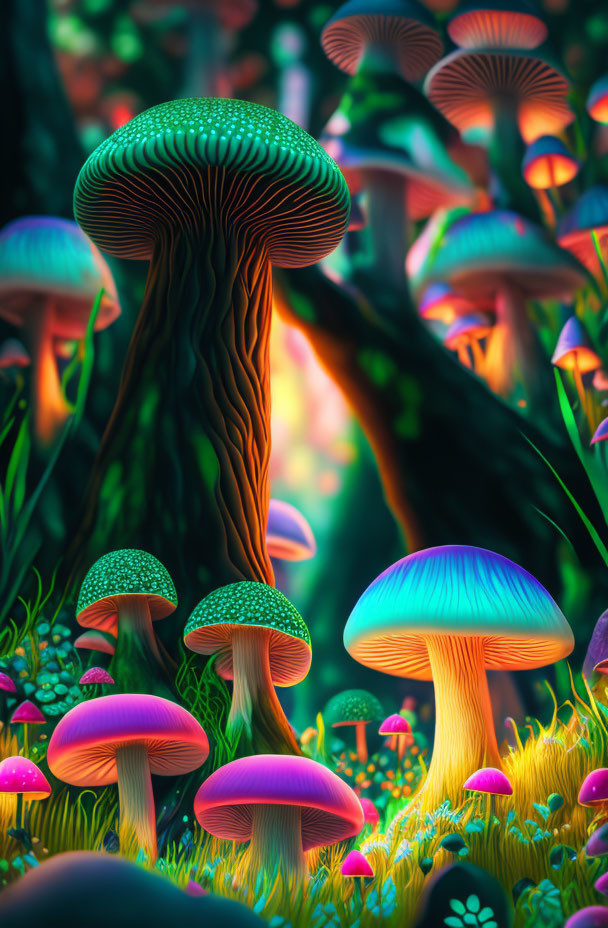 Enchanting forest scene with vibrant oversized mushrooms