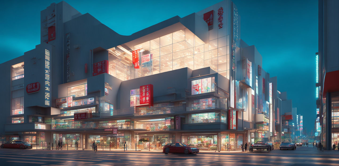 Futuristic urban street at dusk with illuminated building ads