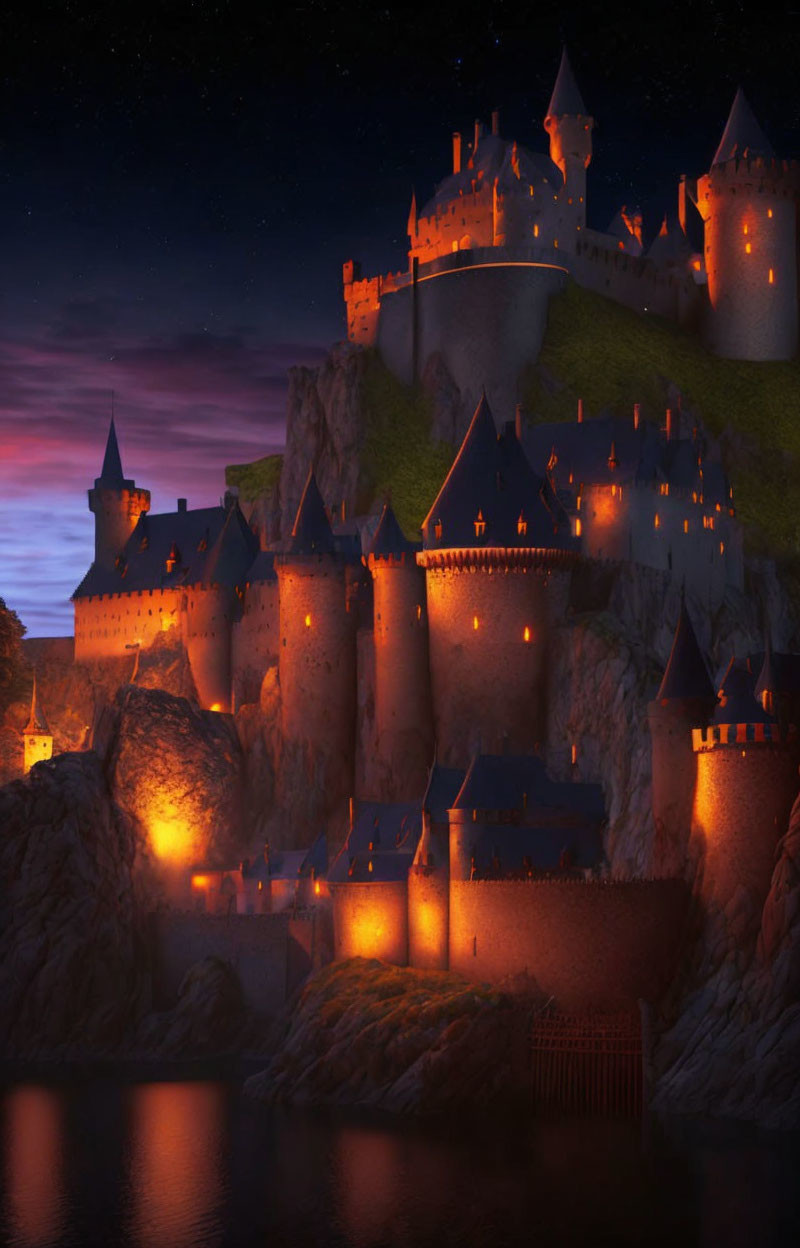 Castle on Hill at Twilight with Starry Sky and Reddish Clouds