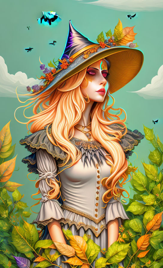 Enchanting witch illustration with long wavy hair and autumn leaf hat.