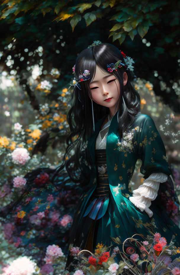 Illustrated serene girl in green traditional outfit surrounded by flowers