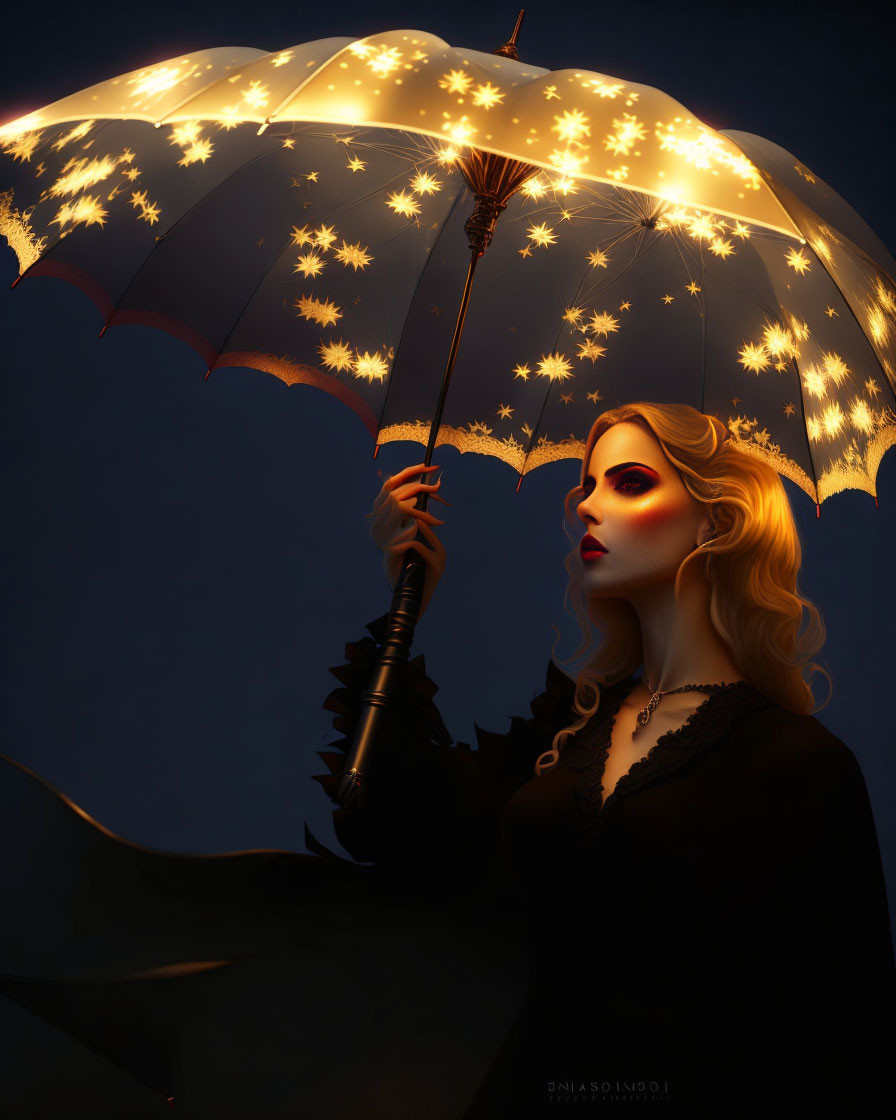 Blonde woman with star-patterned luminous umbrella in dark setting