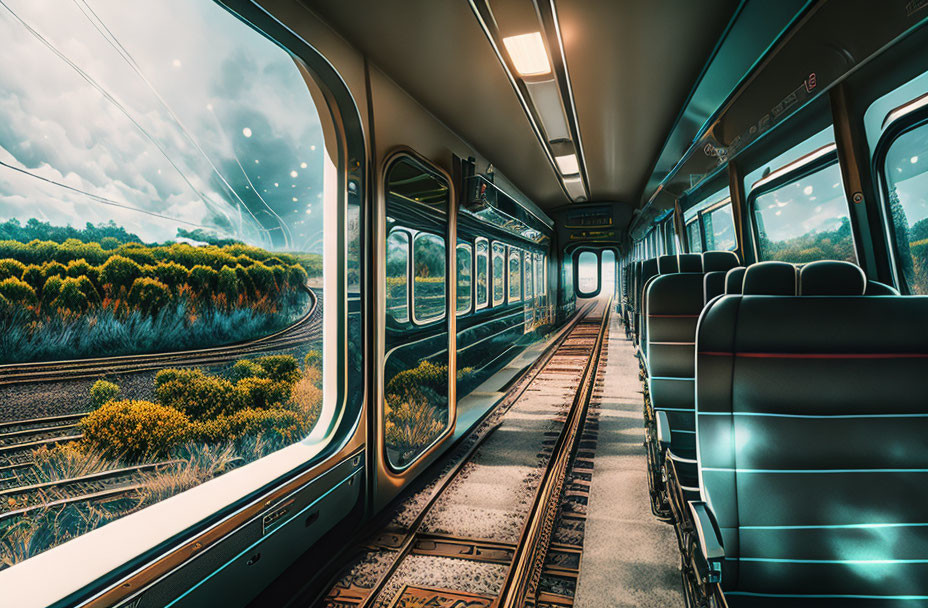 Empty Train Interior with Curving Track and Countryside Views