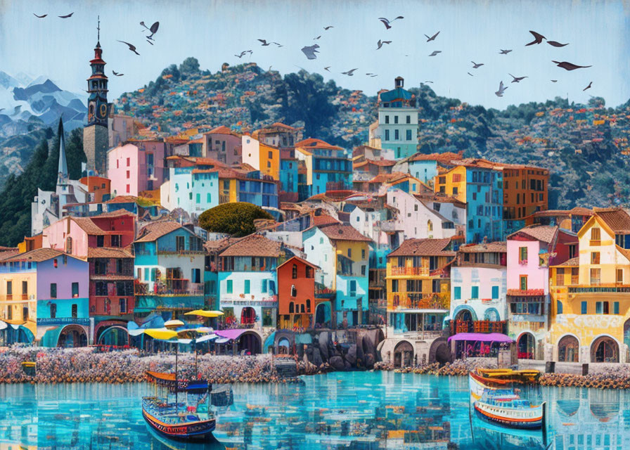 Picturesque coastal village with historic buildings and boats against hill backdrop