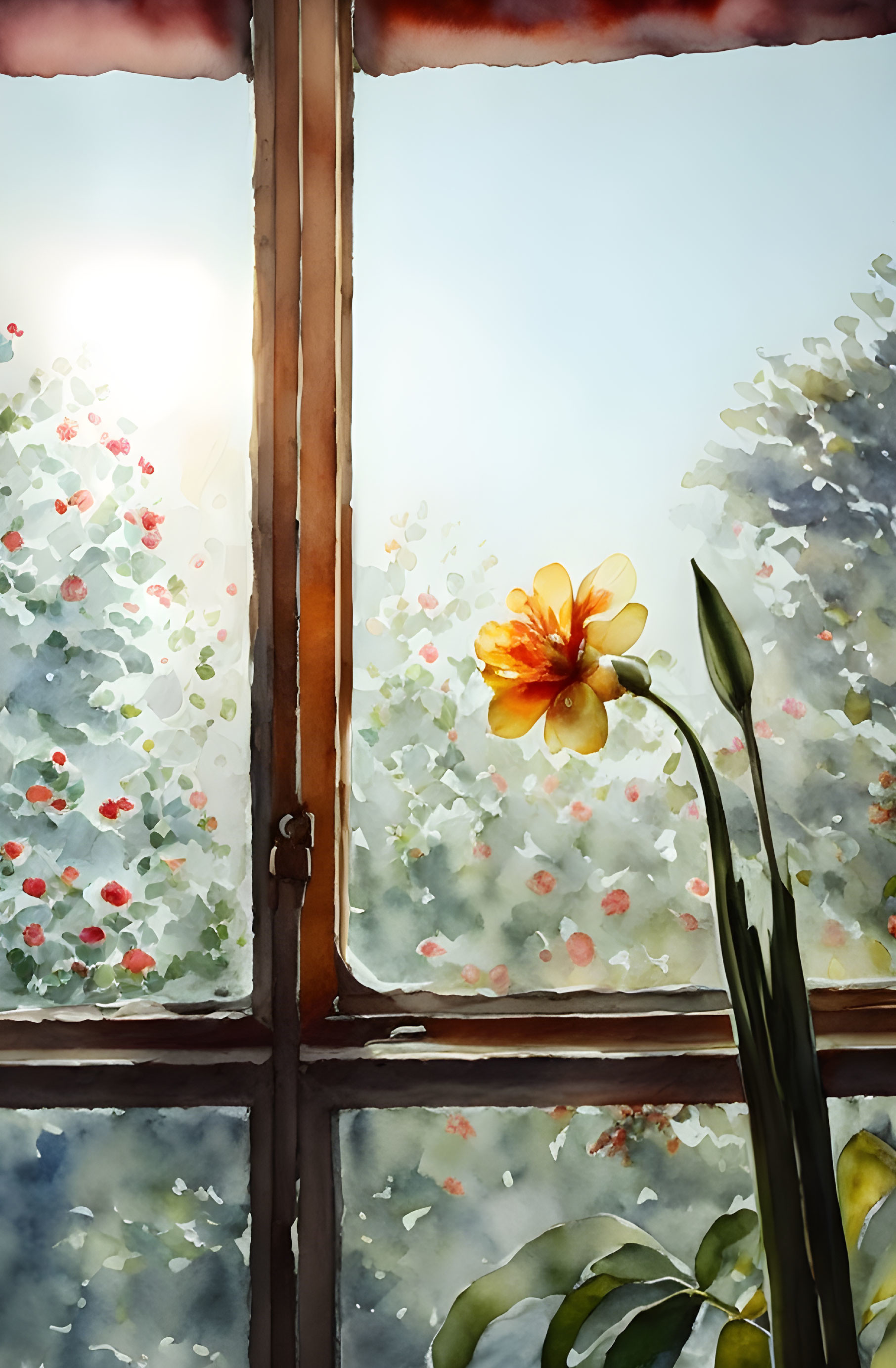 Sunlit watercolor painting of a flower by a garden window