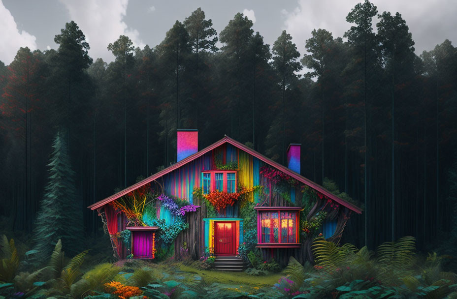 Vibrantly colored cottage in dark forest with purple hues.