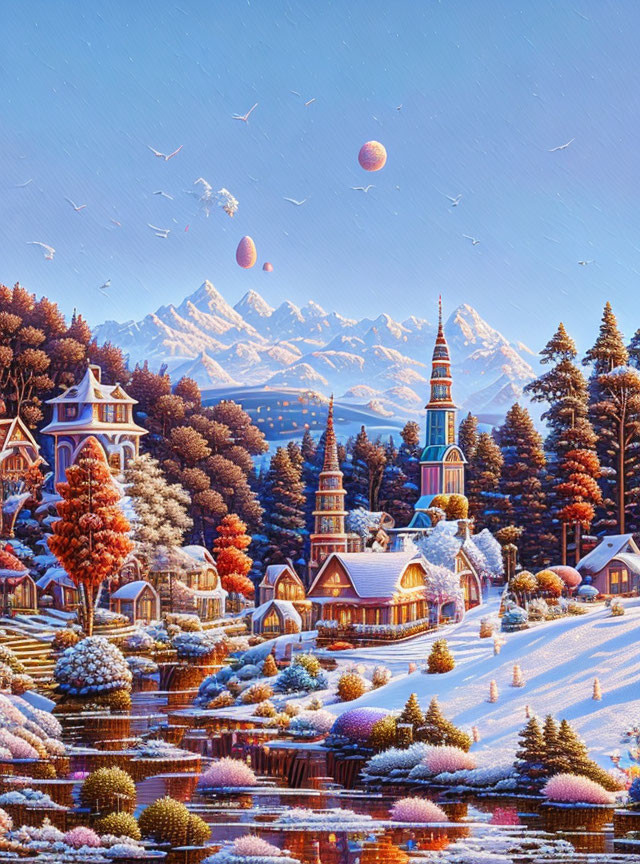 Colorful Winter Village Scene with Snow-Covered Buildings and Hot Air Balloons