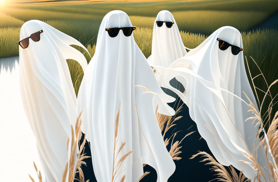 Cartoon ghosts with sunglasses in wheat field by river