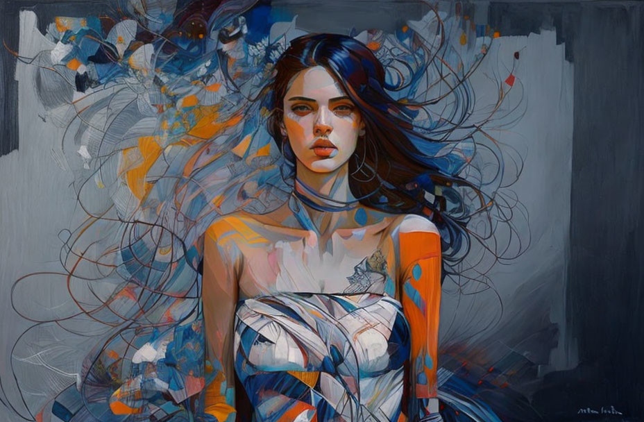 Vivid painting of a woman with flowing hair and abstract blue patterns