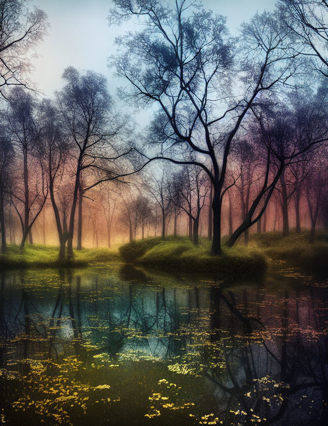 Colorful Lighting in Misty Forest Reflecting in Serene Pond