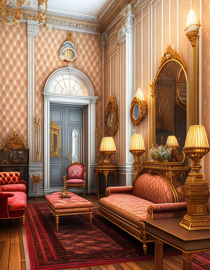 Luxurious Victorian-style room with gold accents, wooden flooring, and red carpets lit by table lamps