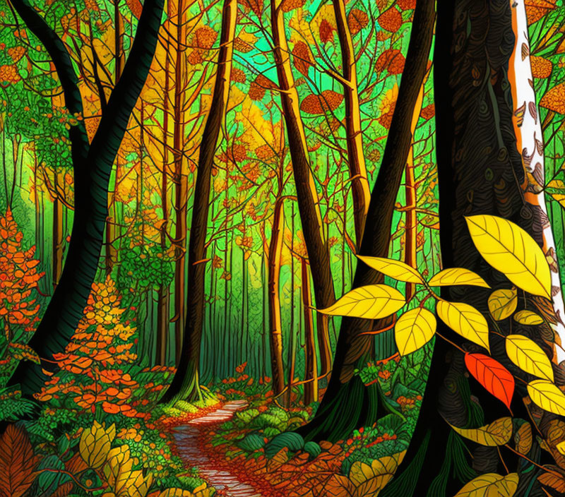 Colorful Fall Forest Scene with Meandering Path