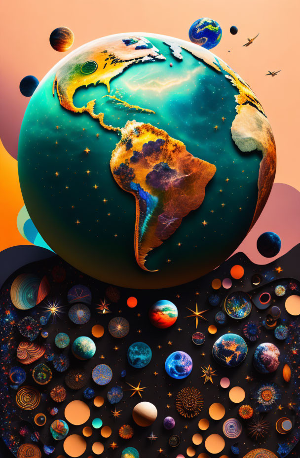 Colorful Earth surrounded by whimsical planets in surreal space scene