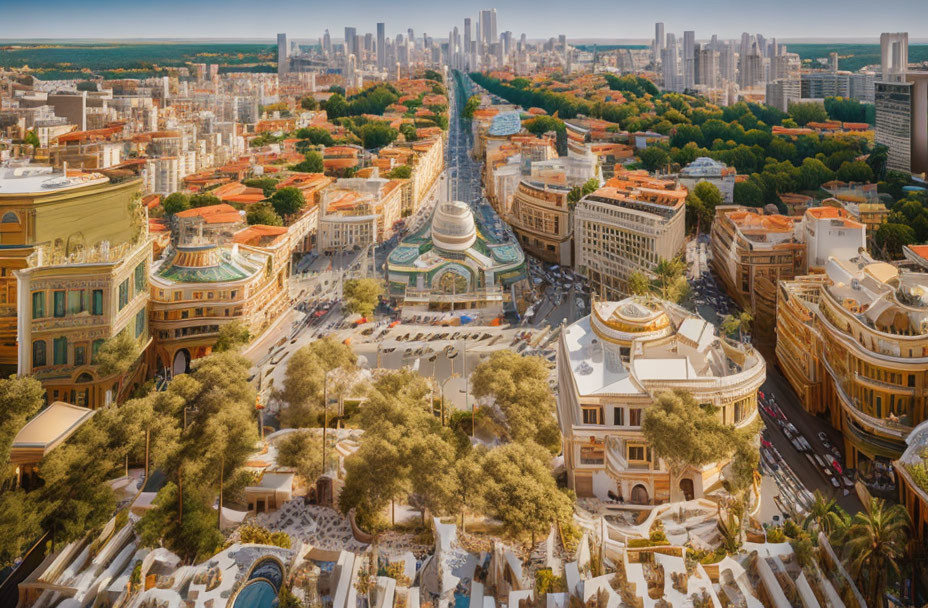 Ornate cityscape with tree-lined streets and central dome