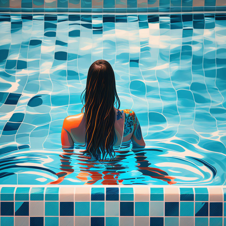 Person with right arm tattoo sitting in pool with hair draped over back