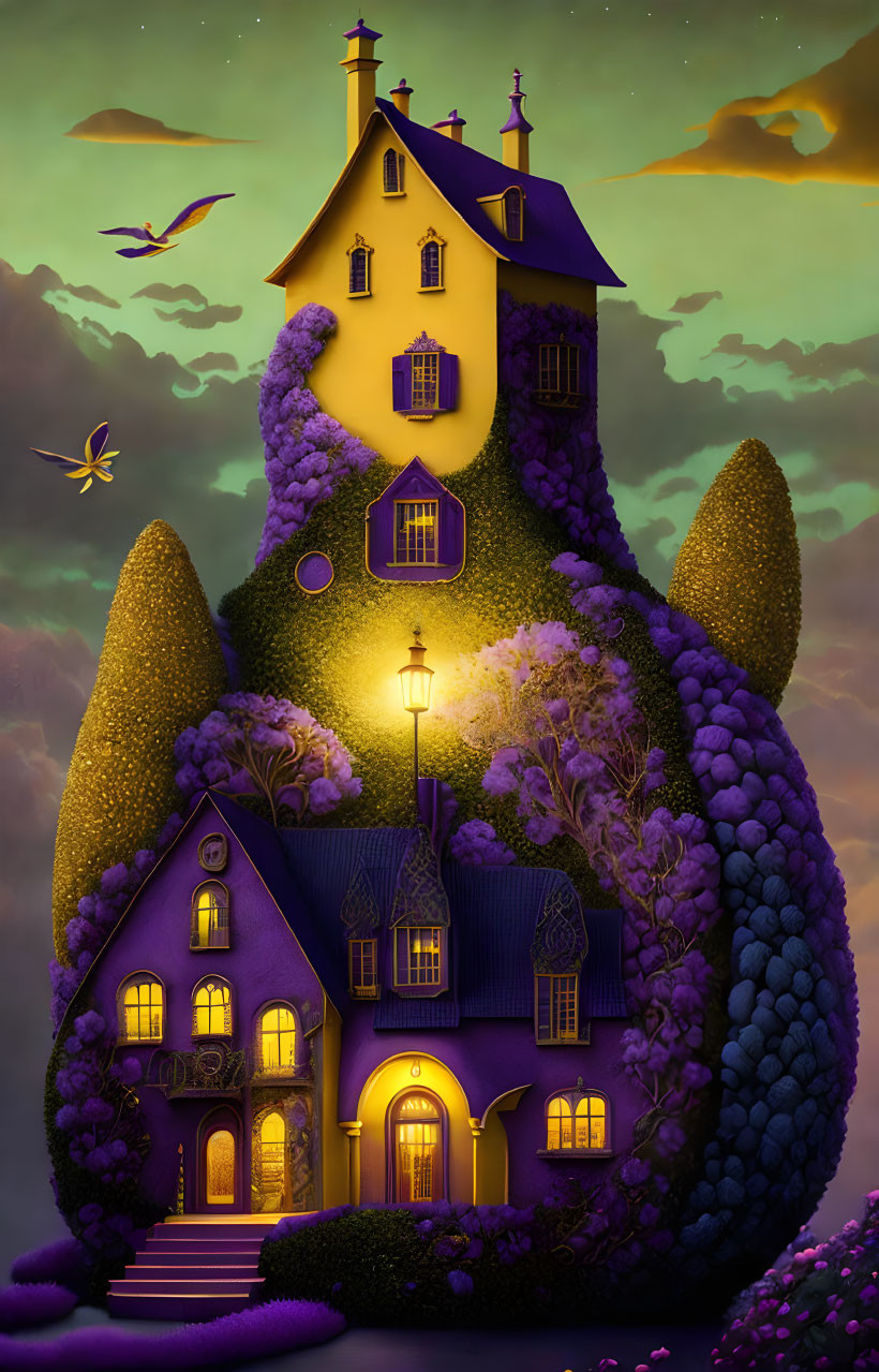 Whimsical purple house on leafy hill under twilight sky