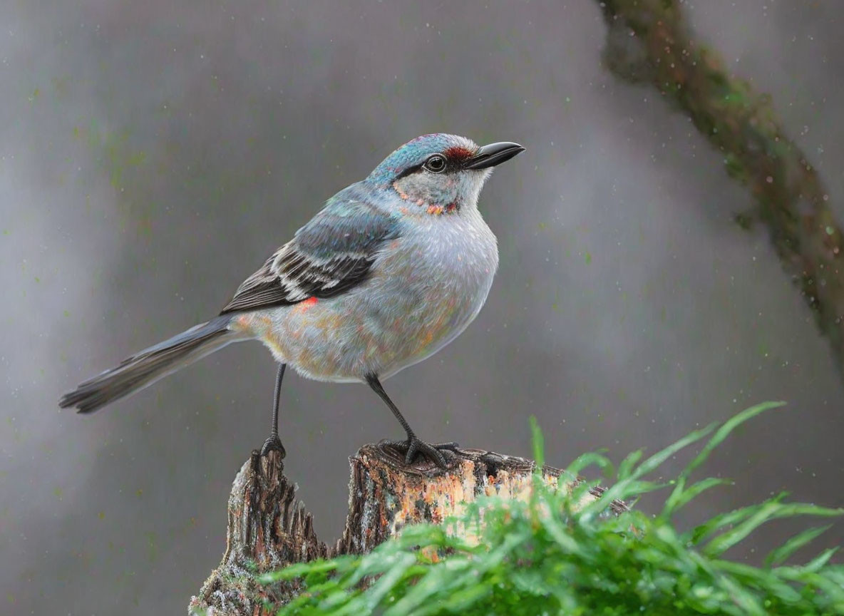 Colorful Bird on Stump with Raindrops and Green Foliage