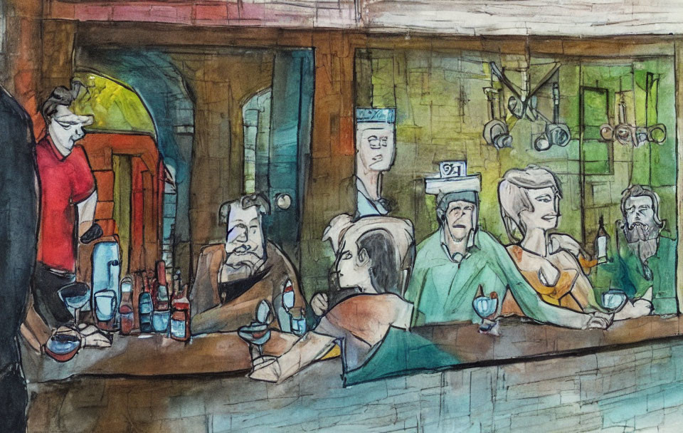 Vibrant watercolor painting of bar scene with bartender and patrons.