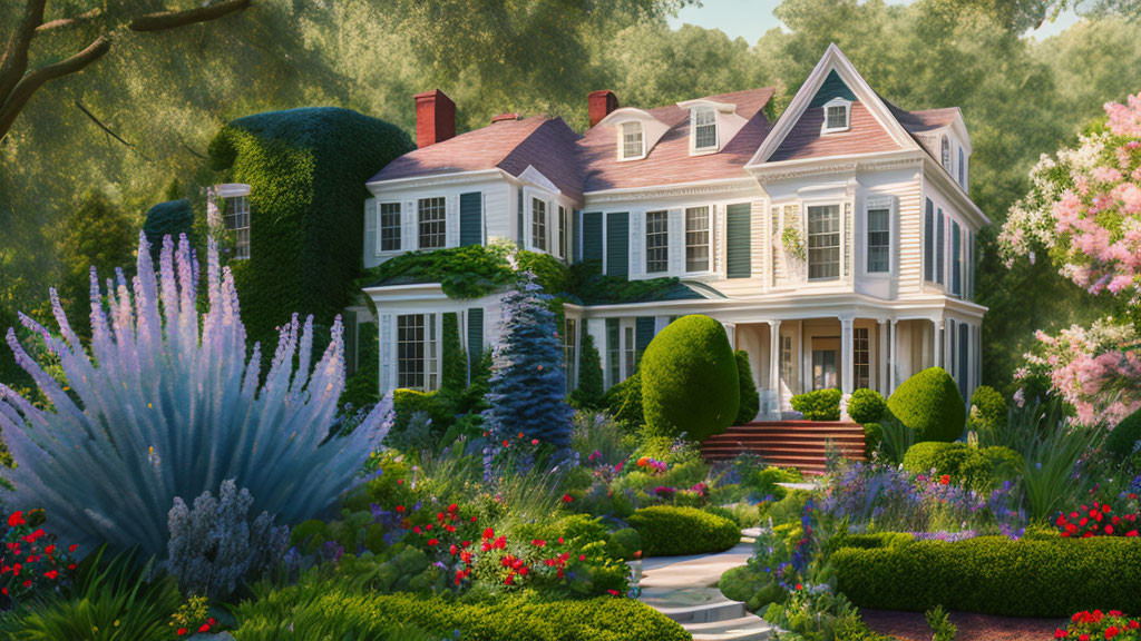 Traditional Two-Story White House with Front Porch and Lush Gardens