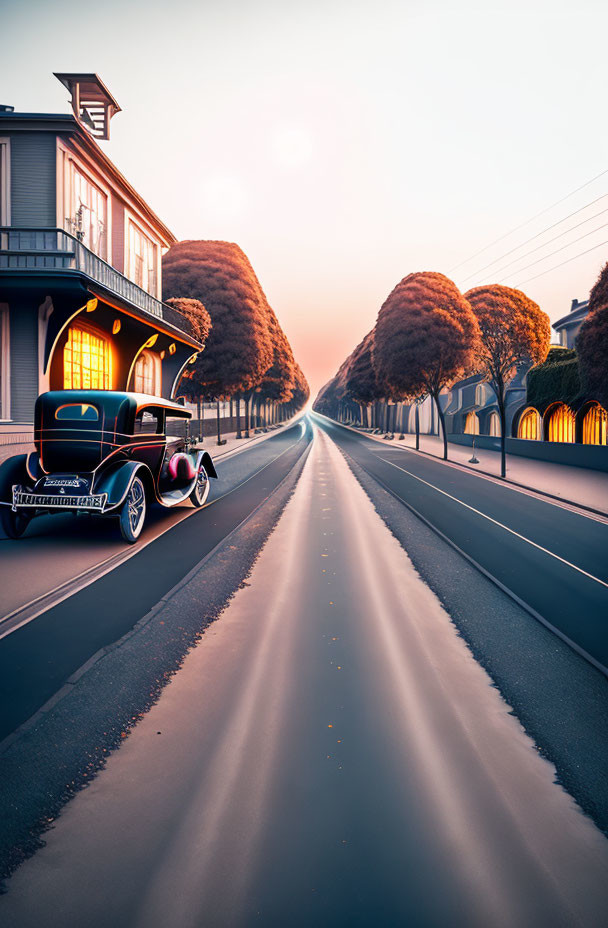 Vintage Car Parked on Sunlit Street at Sunset