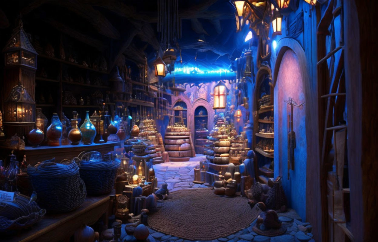 Dimly Lit Fantasy Shop with Potions, Books, and Artifacts