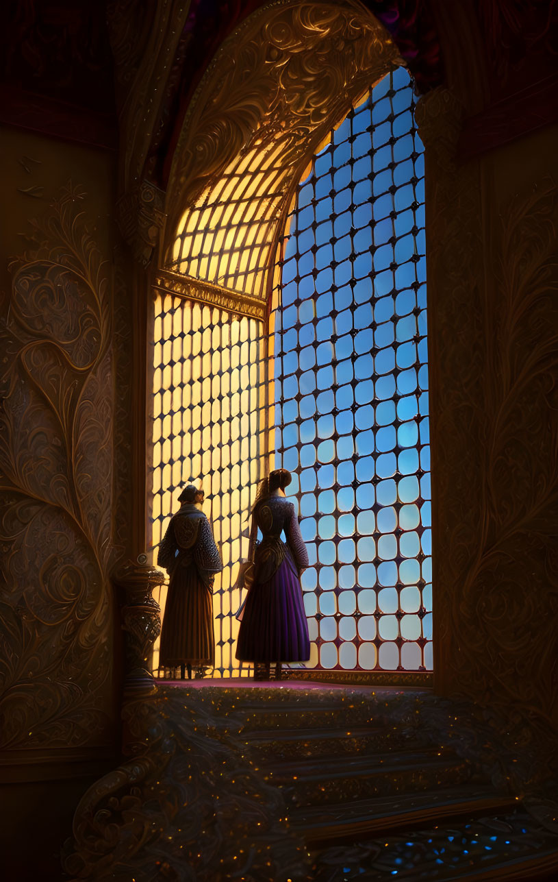 Animated characters in royal attire by ornate arched window at sunset