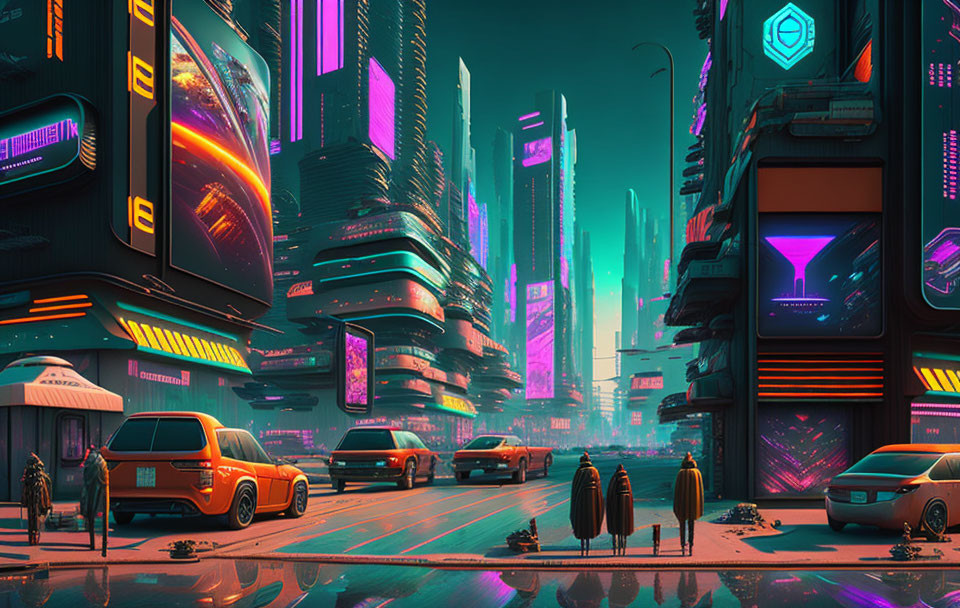 Futuristic cyberpunk cityscape with neon signs and skyscrapers