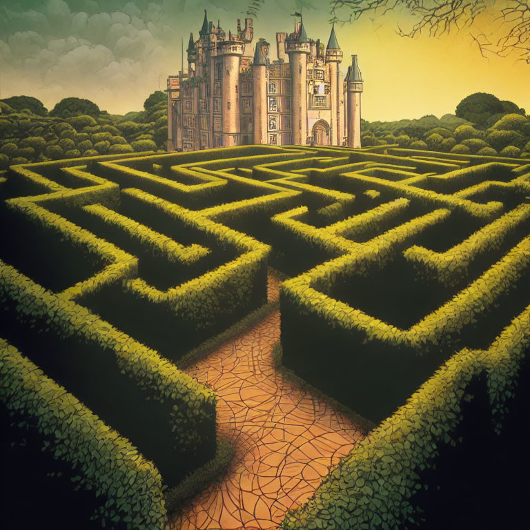 Majestic castle at the heart of a hedge maze under twilight sky