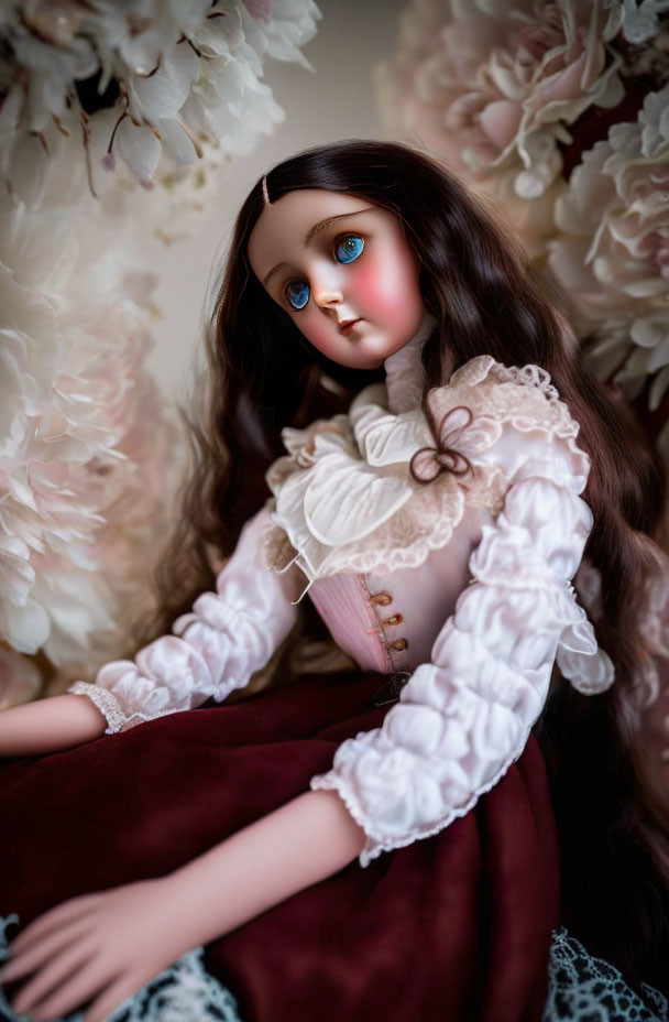 Porcelain doll with blue eyes and brown hair in vintage attire among pale flowers