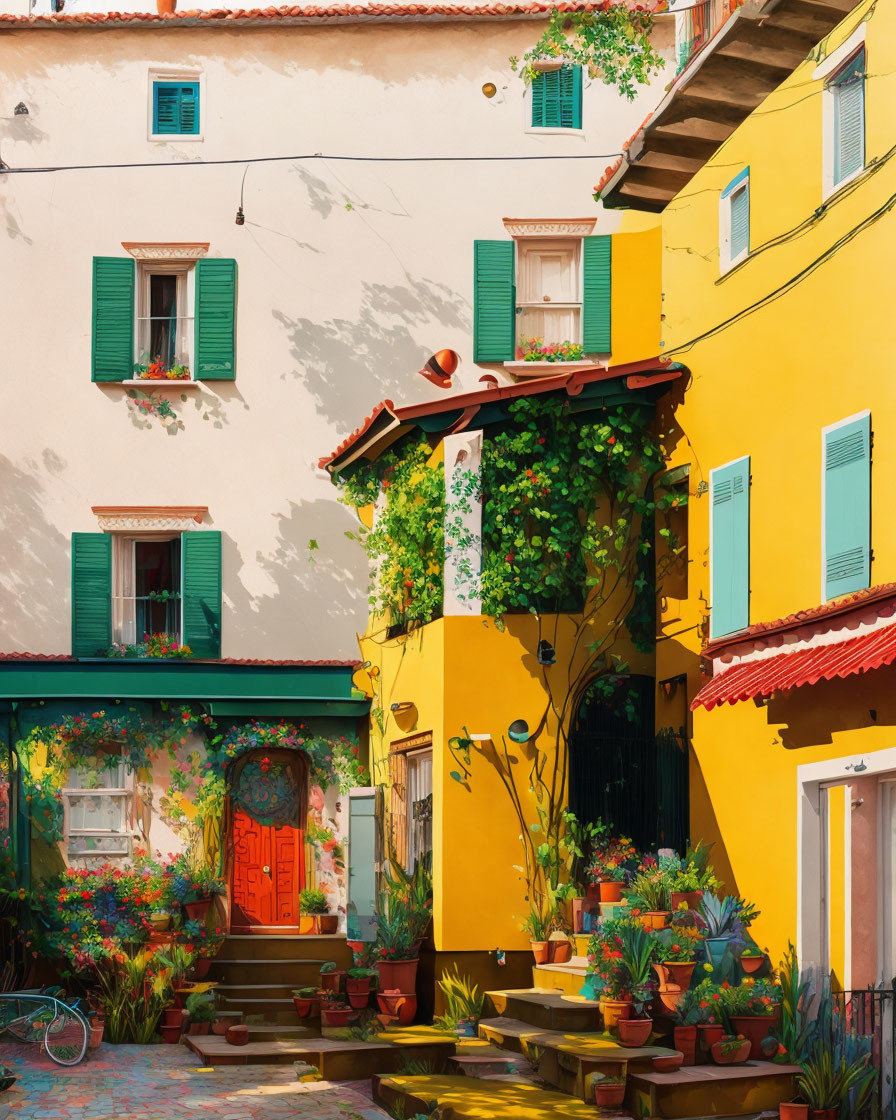 Yellow House with Green Shutters, Red Door, and Stone Staircase