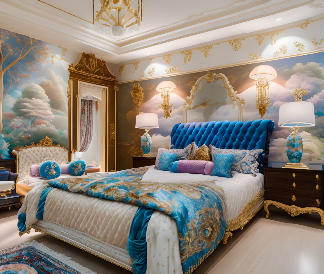 Luxurious Bedroom with Blue Upholstered Bed & Artistic Wall Murals