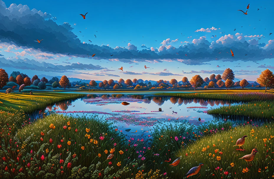 Tranquil landscape with reflective lake, flower fields, birds, and colorful sky