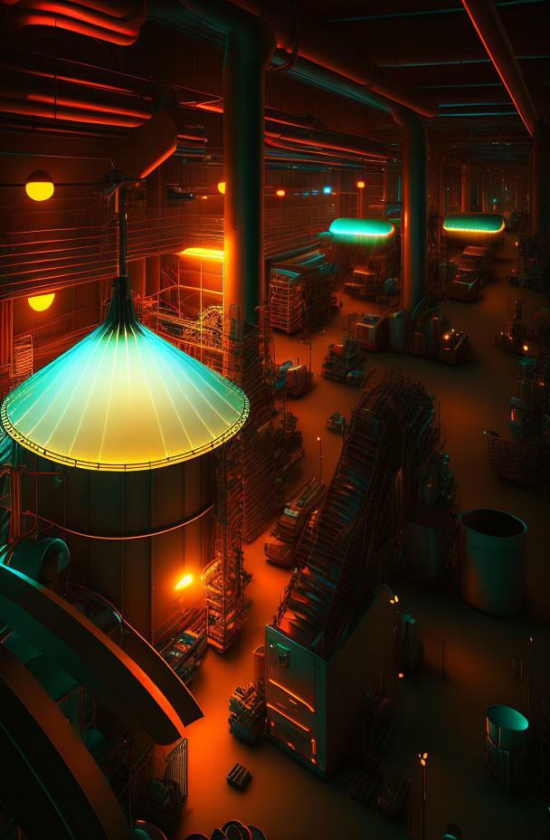 Industrial interior with orange and green lighting, large pipes, tanks, and futuristic structures.