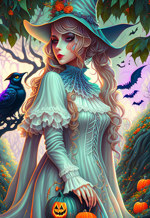 Victorian woman with raven in autumnal forest illustration.