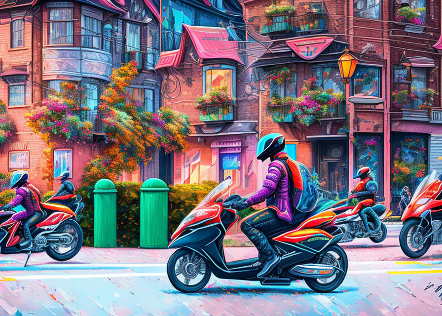 Vibrant street scene with scooters, colorful buildings, and lush flowers