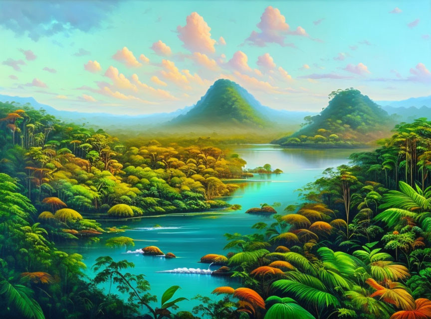 Lush Jungle Painting with River, Mountains, and Pink Clouds