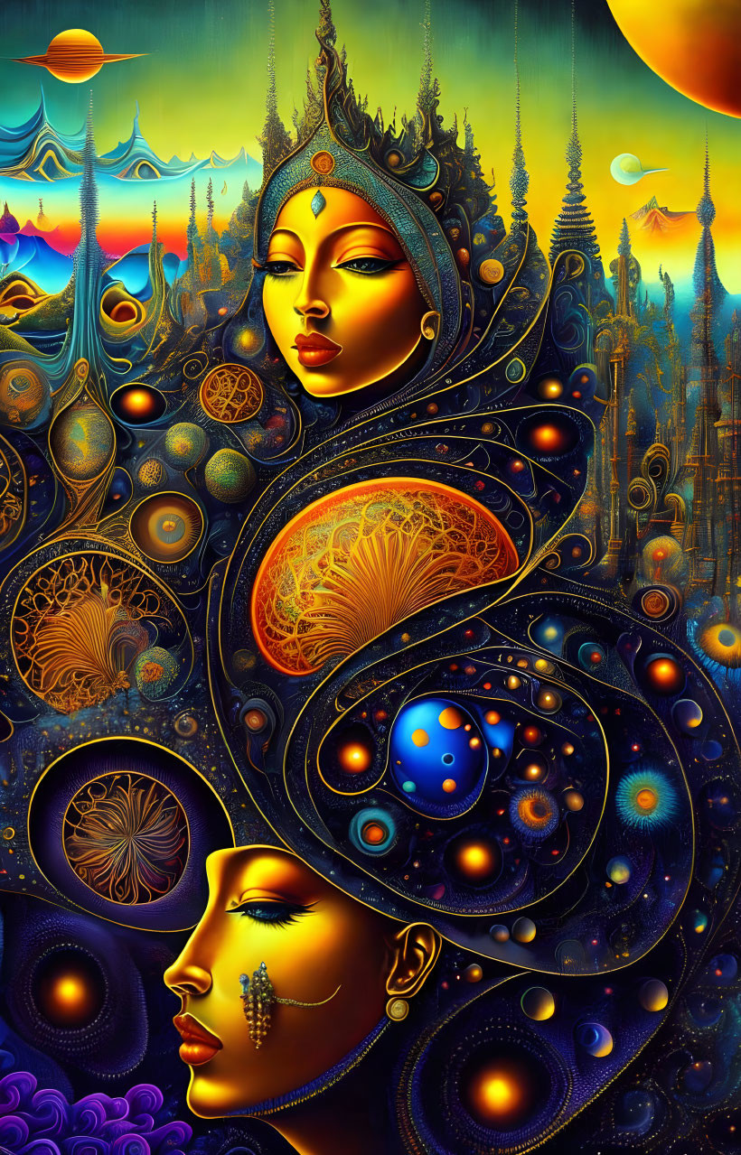 Colorful psychedelic artwork of two female faces with cosmic backdrop