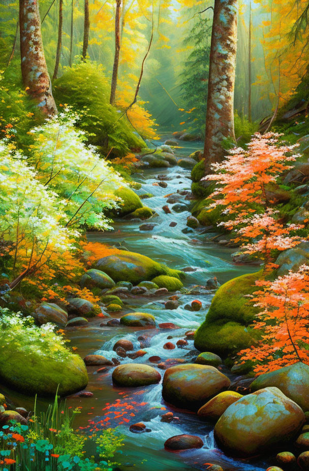 Tranquil forest stream with autumn trees and sunrays