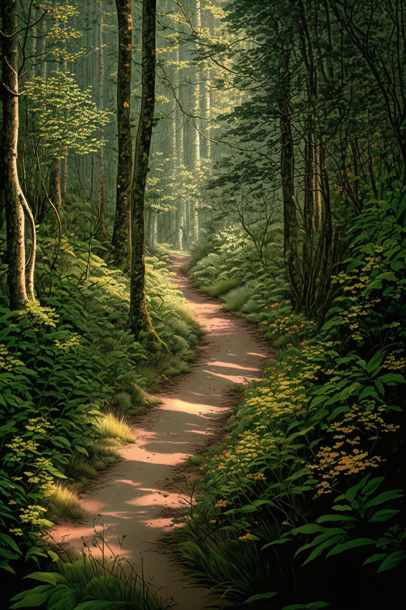 Scenic forest trail through lush greenery and wildflowers