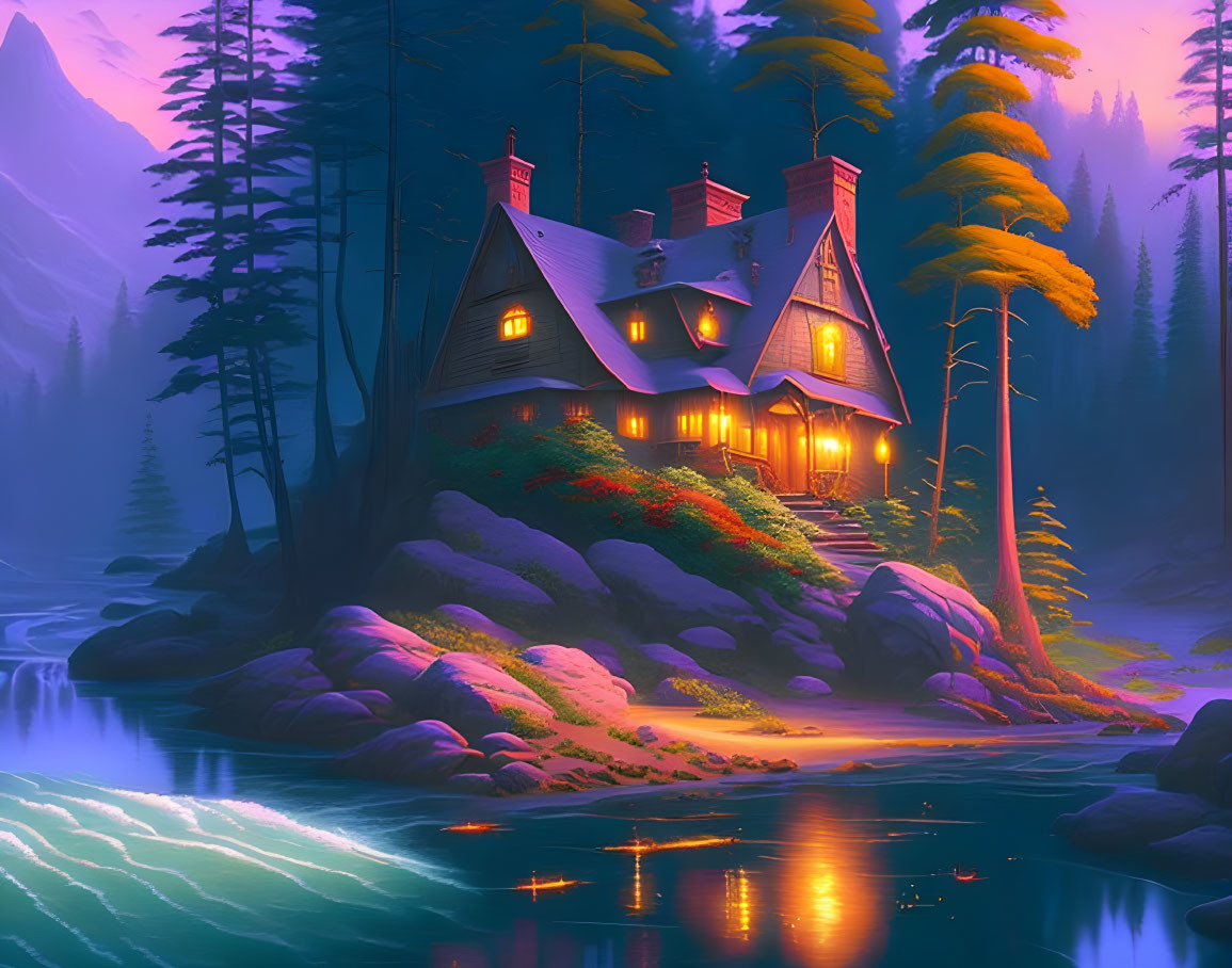 Twilight cabin by serene lake among pine trees