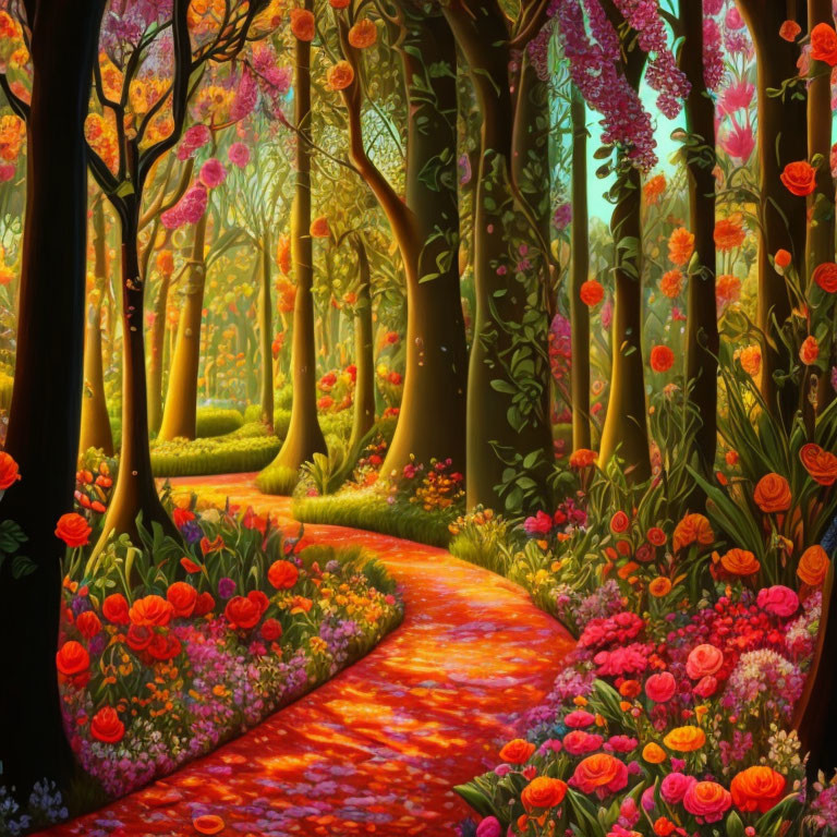 Colorful Digital Art: Vibrant Forest Path with Blooming Flowers