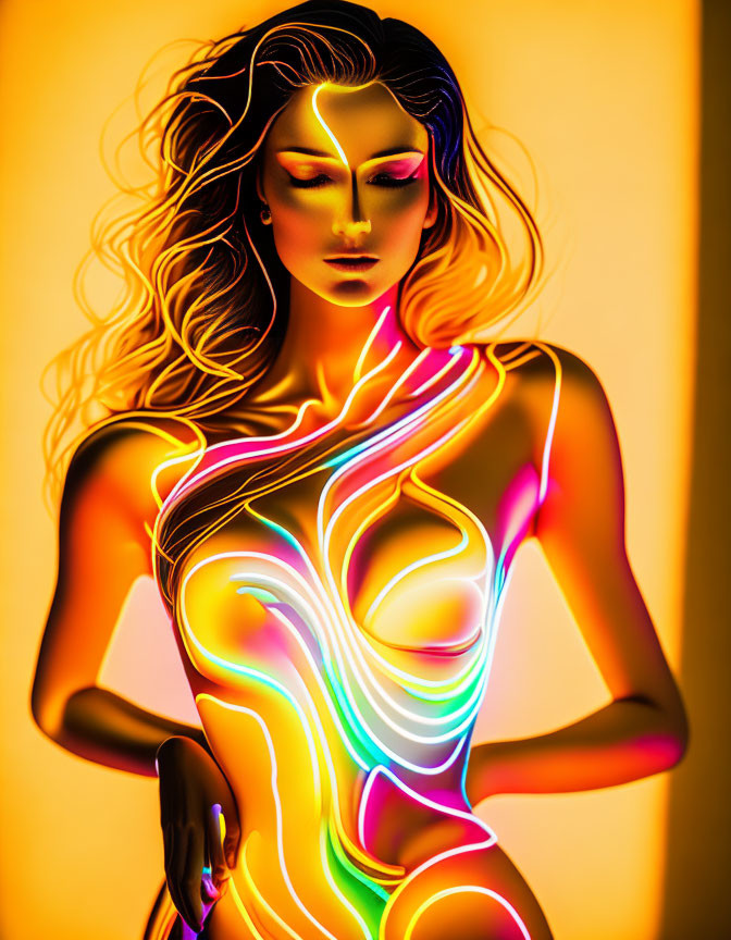 Female figure with neon light patterns on orange-yellow background