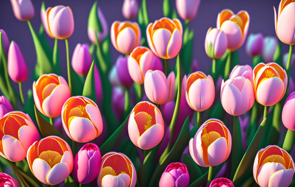 Colorful Pink and Orange Tulips on Purple Background