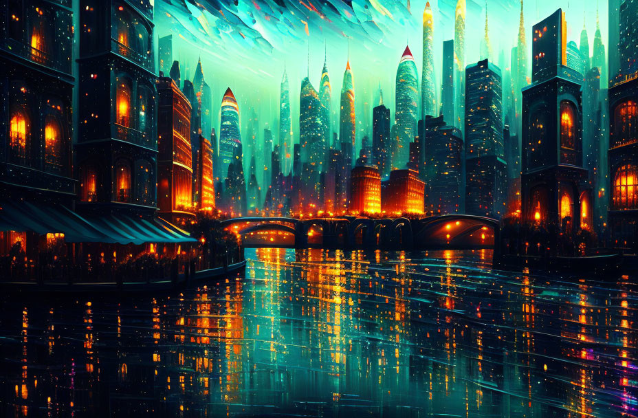 Futuristic cityscape at night with neon lights and illuminated bridge