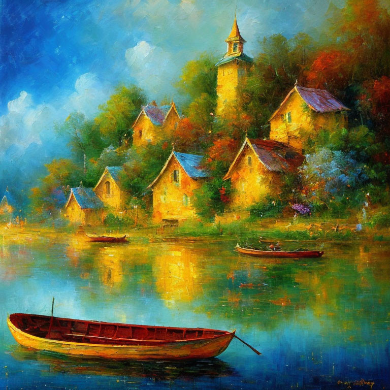 Serene lakeside village oil painting with cottages, church spire, boats, and luminous