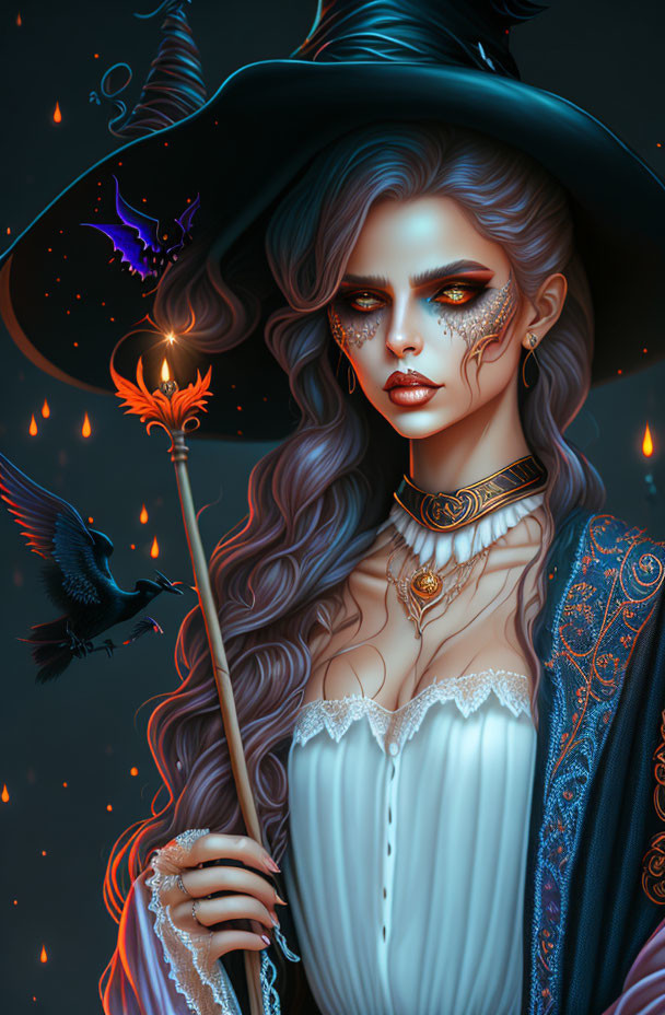 Illustrated witch with long wavy hair, hat, staff, raven, and candles.