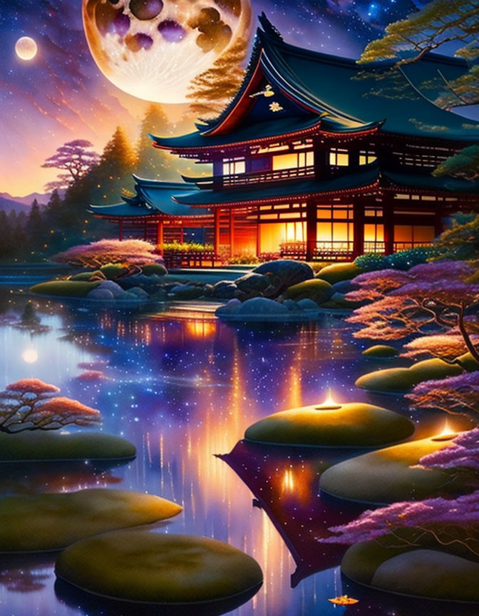 Japanese building by lake with colorful trees under starry sky